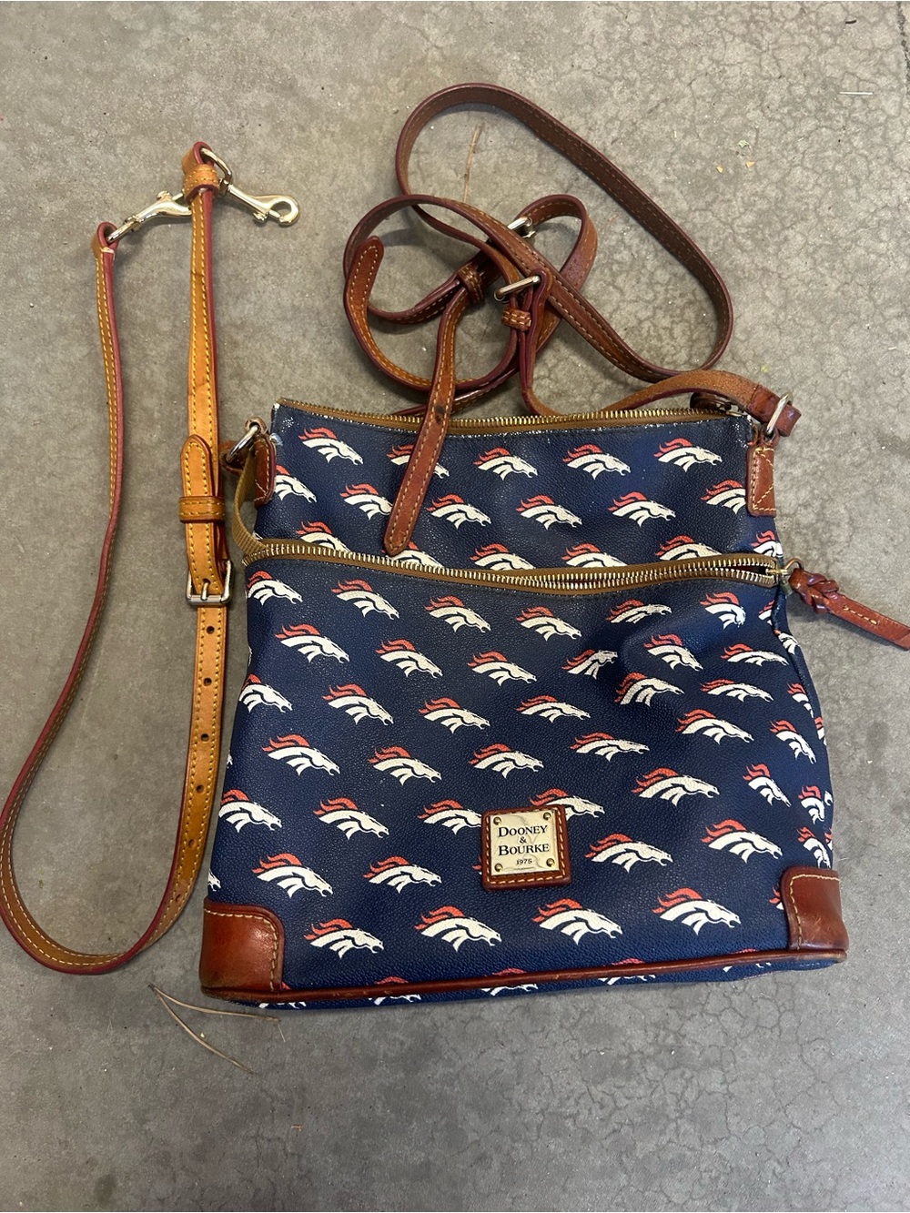 Dooney & Bourke Navy Denver Broncos Print Crossbody with Brown Leather Trim